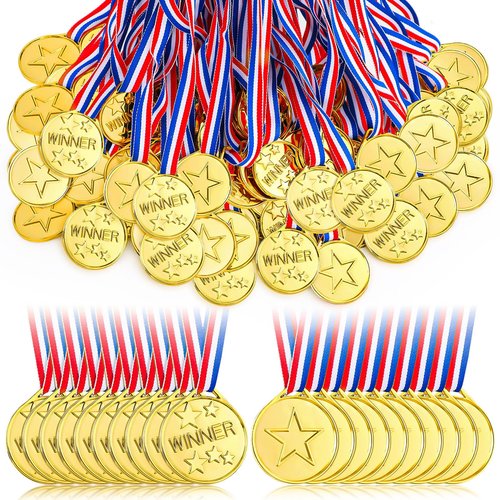 GCTWFYK 100 Pcs Plastic Gold Winner Medals for Kids, Award Medals Bulk with Ribbon for Sports Party Favors, Games Competition, Spelling Bee and Decorations
