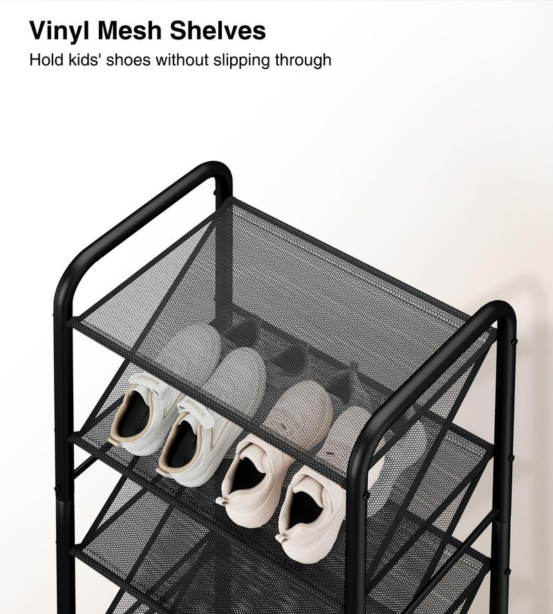 STO STO 8-Tier Narrow Shoe Rack with Lockable Wheels, Double-Sided Vinyl Mesh Shelf Shoe Organizer for Up to 30 Pairs, Slim Space Saving Metal Rolling Shoe Storage for Entryway, Closet, Hallway
