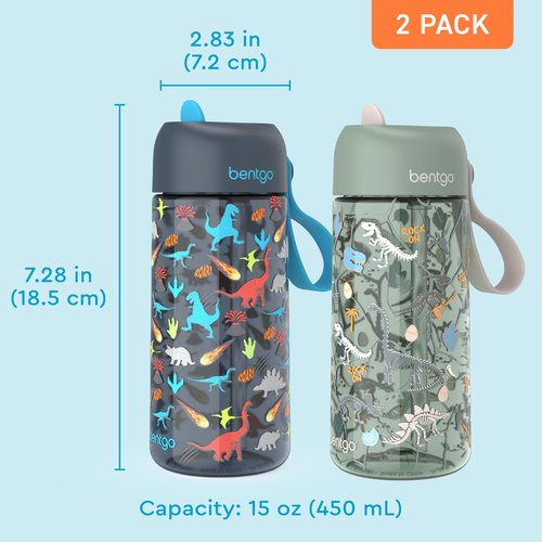 Bentgo Kids Water Bottle 2-Pack - Leak-Proof, Durable Tritan, BPA-Free 15 oz. Cup for Kids/Toddlers Ages 3+, Safe Sip Spout, & Dishwasher Safe for School/Sports/Daycare/Camp (Dinosaur/Dino Fossils)