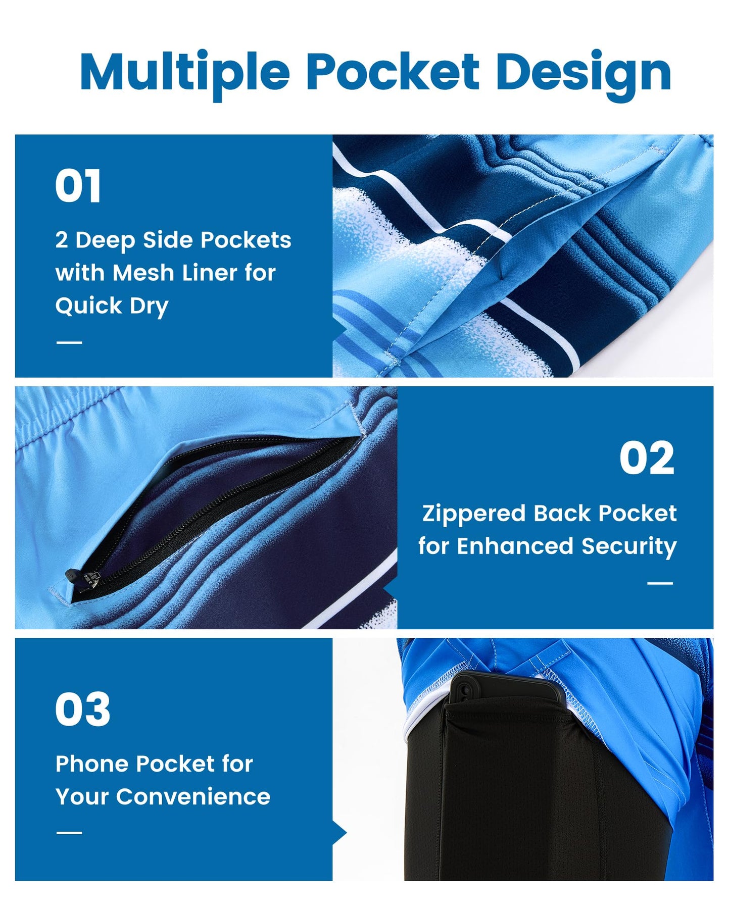 maamgic Mens Swim Trunks with Compression Liner 7 Inch Inseam Mens Bathing Suit Quick Dry Swimming Trunks Swimsuit Stripe Blue Black Small
