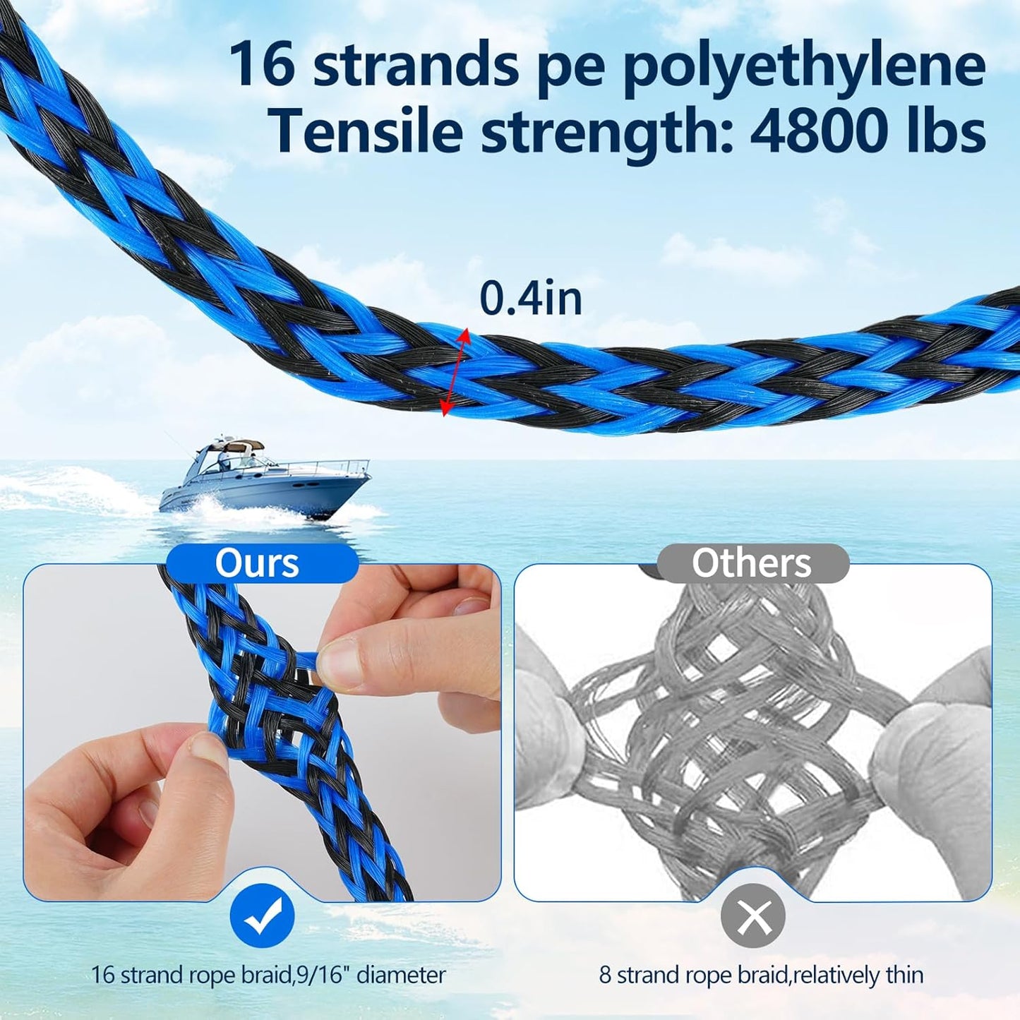 16FT Tow Rope for Tubing Tow Harness with Pulley Water Sport Lines Water Sports Tow Rope Heavy Duty Boat Tow Harness with 2 Stainless Steel Hook