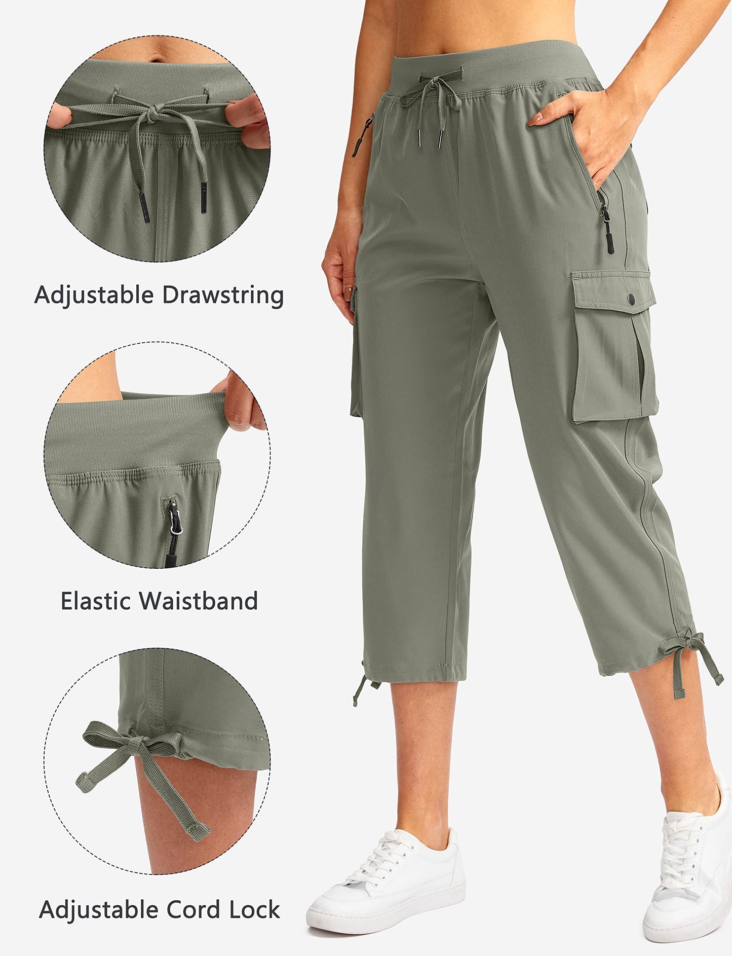 Soothfeel Women's Cargo Capris Pants with 6 Pockets Lightweight Quick Dry Travel Hiking Summer Pants for Women Casual (Grey Sage, XL)