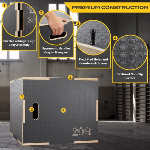 Philosophy Gym 3 in 1 Non-Slip Wood Plyo Box, 24" x 20" x 16", Gray, Jump Plyometric Box for Training and Conditioning