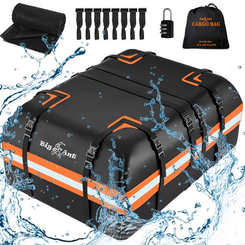 Big Ant Car Rooftop Cargo Carrier Bag, 15 Cubic Feet Waterproof Heavy Duty 840D Car Roof Bag for All Vehicle with/Without Rack - Includes Anti-Slip Mat, 8 Door Hooks, 2 Extra Straps, Luggage Lock