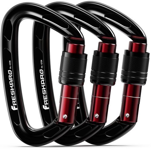 FresKaro Rock Climbing Carabiner Clips Heavy Duty, Screw Gate Locking, UIAA Certifed, 25kN Karabiner for Rappelling, Hunting, Hiking, Gym Equipment, or Survival Gear Kit, 4Inch, Black, 3Pack