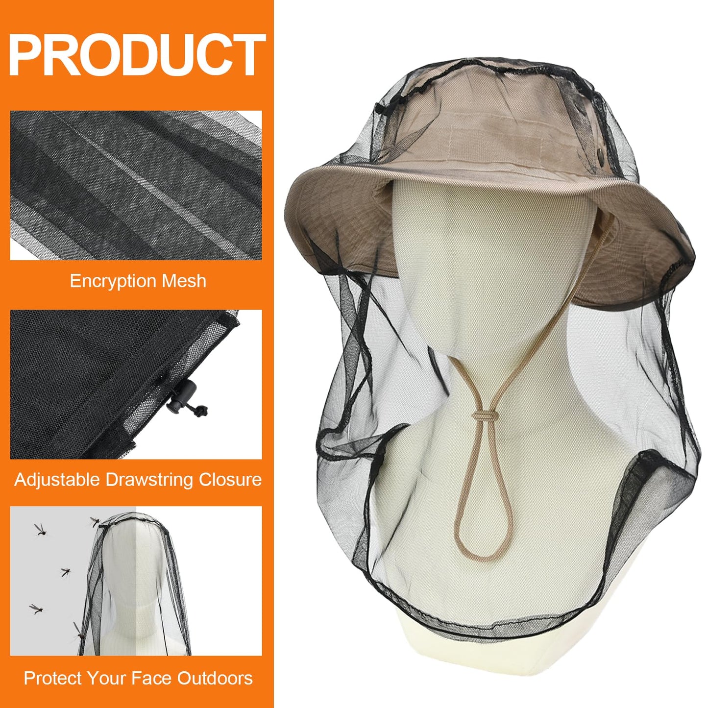 Sun Hats for Men Women Bucket Hat UPF 50+ Boonie Hat Foldable UV Protection Hiking Beach Fishing Summer Safari with Removable Head Net Mesh(1pack-Khaki)