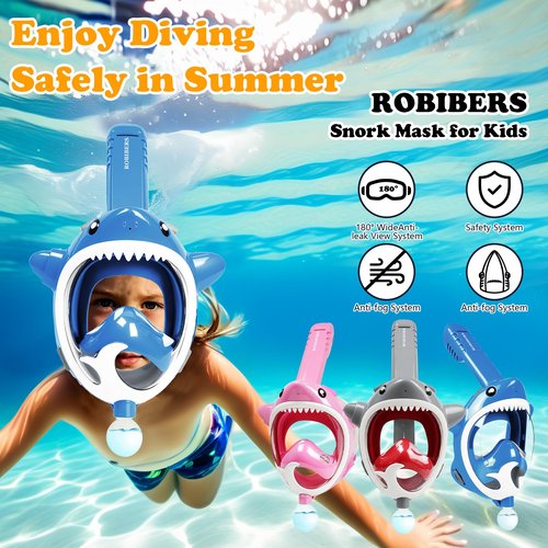 Snorkeling Gear for Kids with Water Blaster, Full Face Snorkel Mask Kids Check Valve Safe Breathing, 180 Degree Panoramic View Child Snorkel Mask, Children Snorkel Set for Ages 6-14 (Blue)