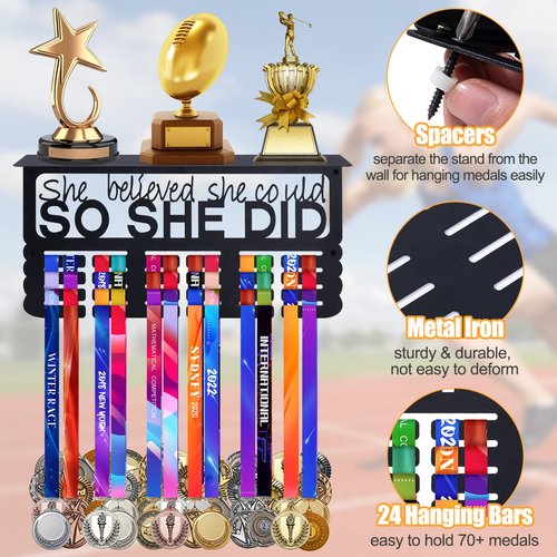 Biggun Metal Trophy and Medal Display Shelf - Easy to Install Medal Hanger with Trophy Shelf for Over 70 Running Race Wrestling Awards