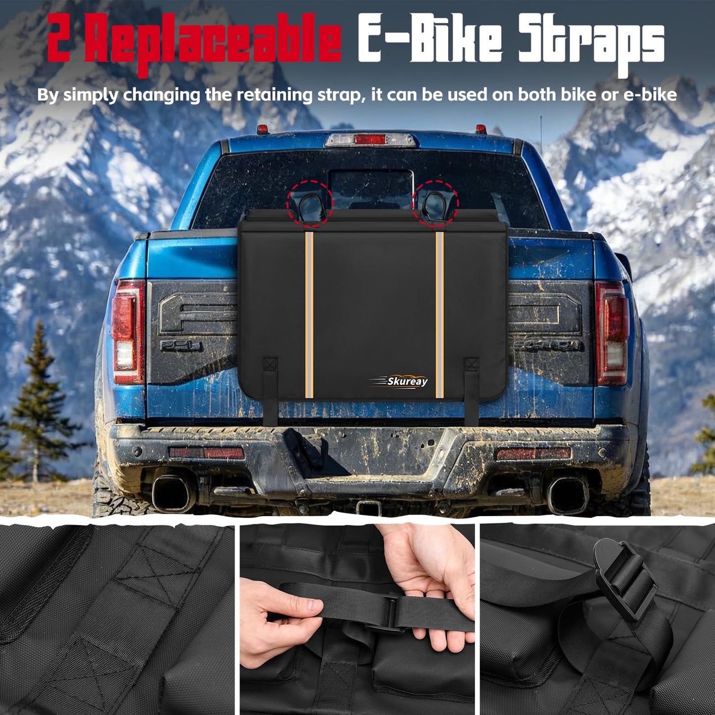 Tailgate 2 Bike Pad for E-Bike and Mountain Bike, Outdoors Tailgate Protection Pad with Additional Replaceable E-Bike Straps, Ebike Tailgate Bed Mat for Truck Pickup