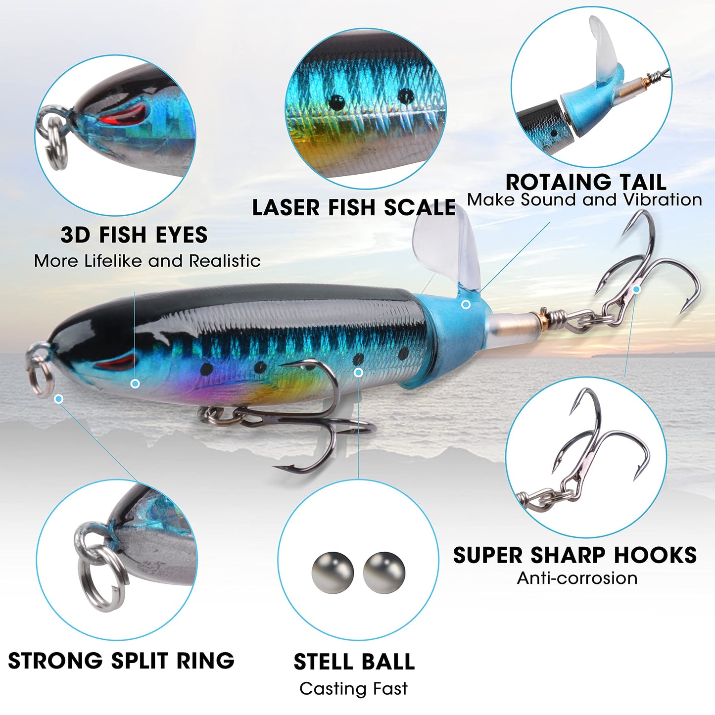 Bass Fishing Lures Set,Plopping Minnow Lure with Floating Rotating Tail Freshwater Artificial Hard Baits Swimbait Slow Sinking Lures for Trout Pike Walleye