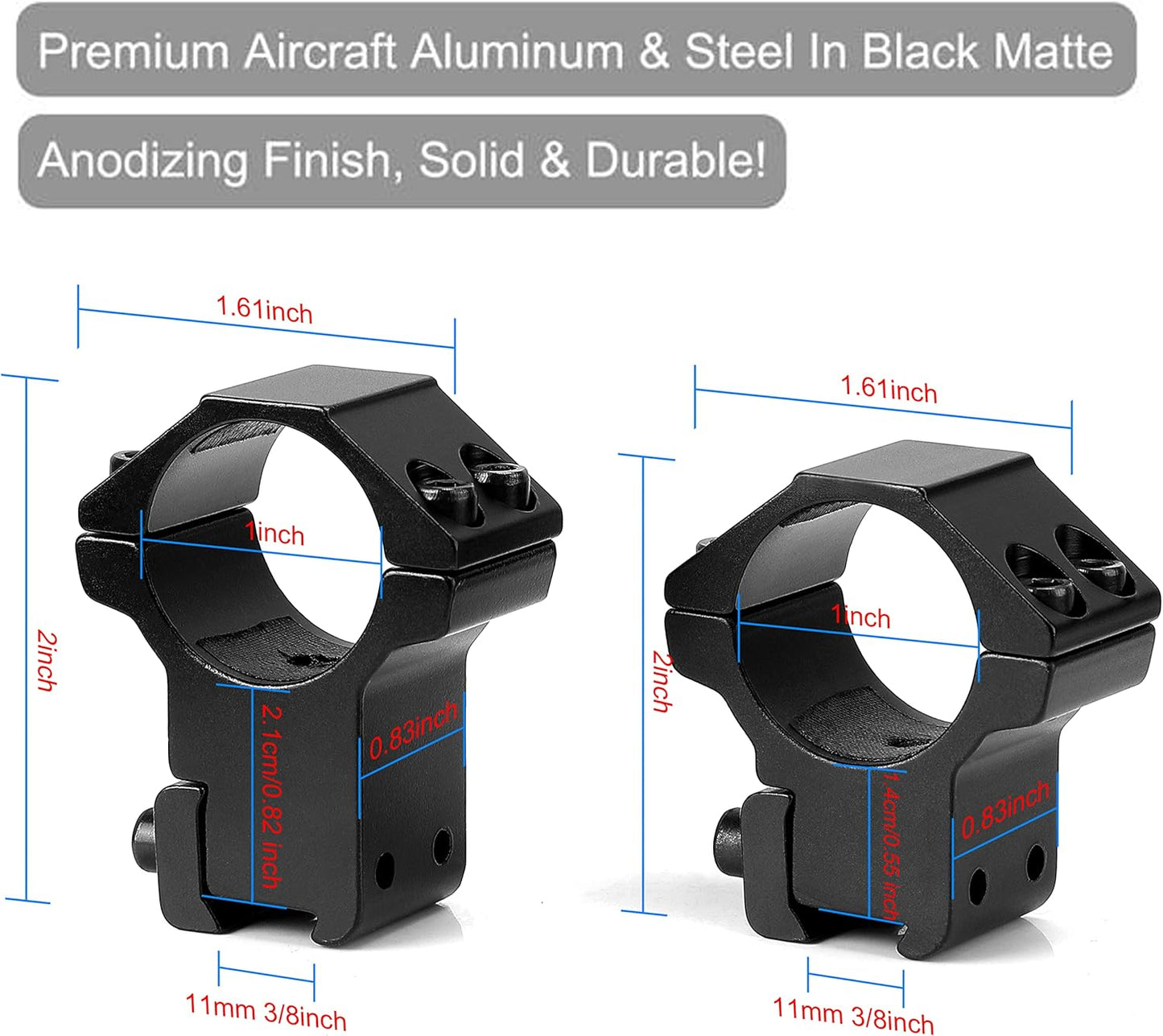 1'' Dovetail Scope Rings, 2 Pack High Profile or Medium Profile 1 Inch Scope Mount Rings for 11mm Dovetail Rails