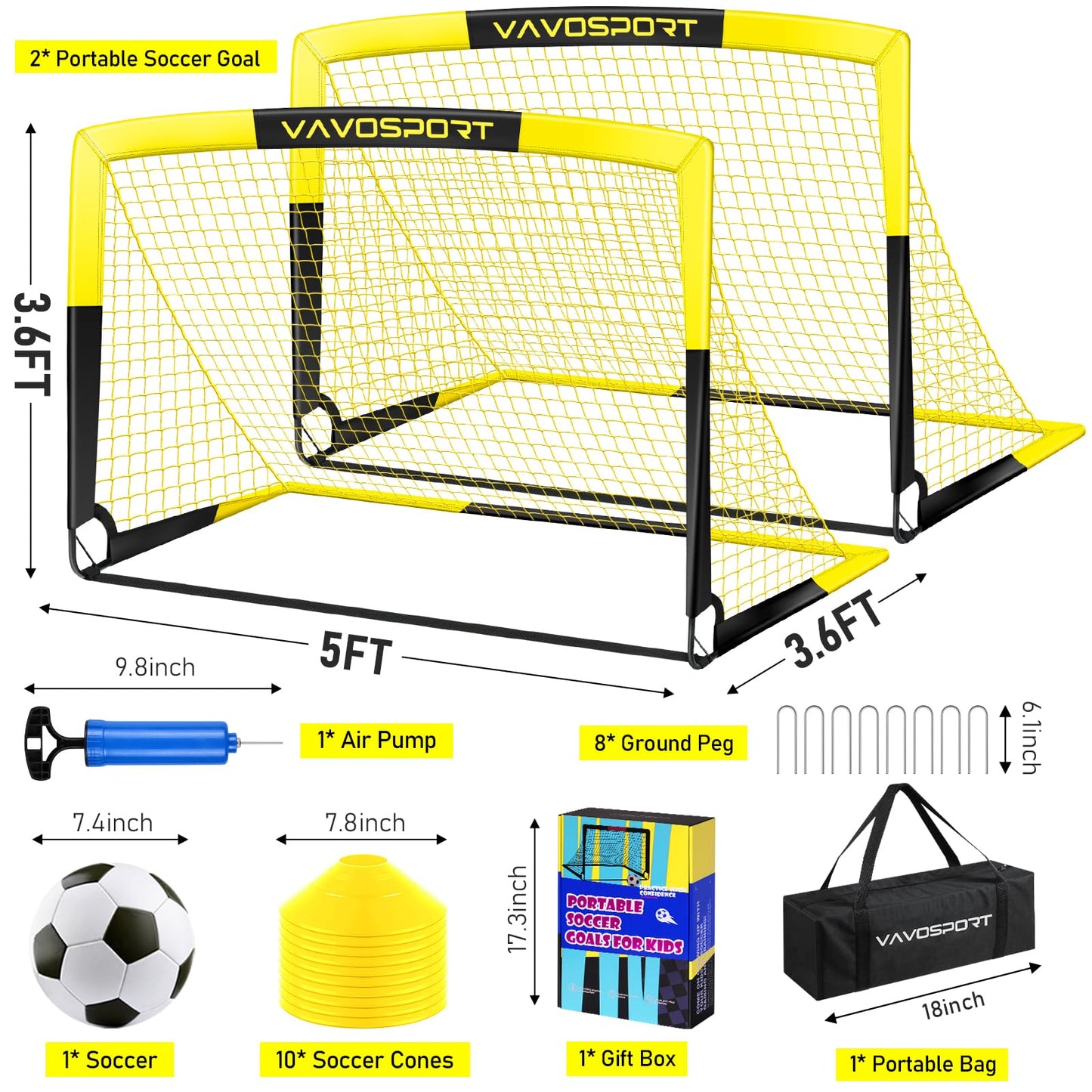 Kids Soccer Goal Set, 2 of 4x3 ft Soccer Goals for Backyard, Portable Pop Up Soccer Nets Training Equipment with Soccer Ball, Cones, Soccer Net for Family Kids Youth Outdoor Sports Games