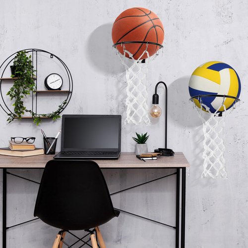 RoundFunny 2 Pcs Basketball Holder Wall Mount Ball Stand Display Storage Rack with Net and Hooks Sports Accessories Organizer for Football Soccer Volleyball Display