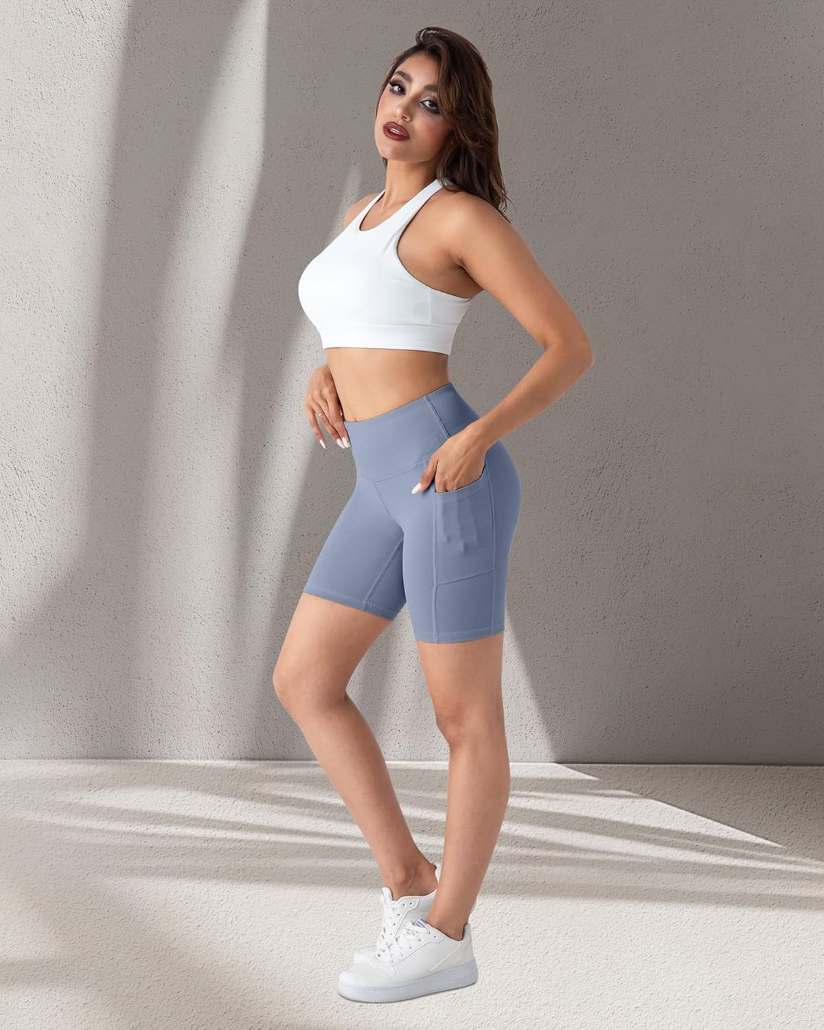 2 Packs Biker Shorts with Pockets for Women, Tummy Control High Waist Spandex Shorts 8" (2BlackDGrayLGray, XL)