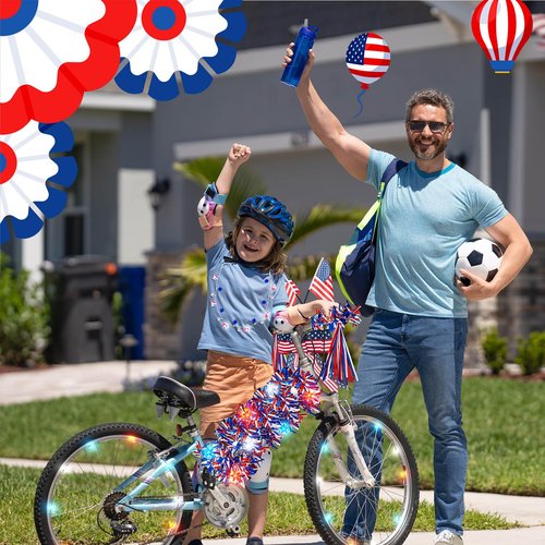 Buryeah 10 Pcs LED 4th of July Bike Decorations Kit Patriotic Bike Decor Wheel Light Bicycle Streamer Bow USA Flag Red White Blue Tinsel Garland Necklace Star Light Independence Day Parade Party Favor
