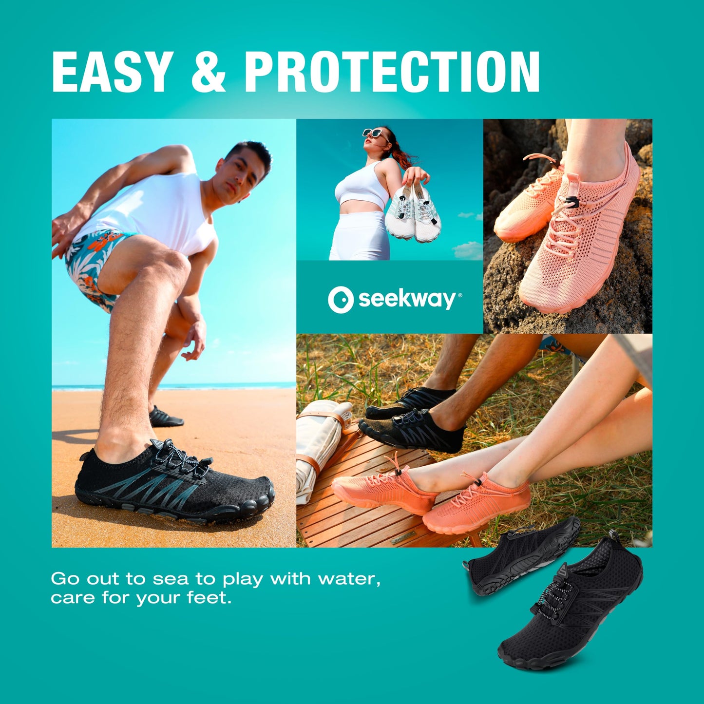 SEEKWAY Water Shoes Men Women Adult Quick-Dry Aqua Sock Barefoot for Beach Swim River Pool Lake Hiking Kayaking Surfing SP001(U) 406Black Size 10.5 Women/8.5 Men