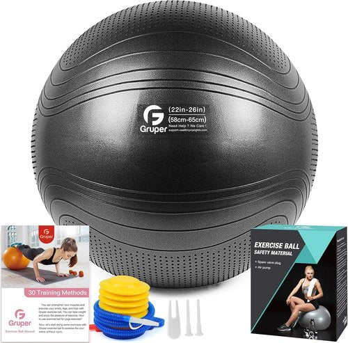 Gruper Yoga Ball, 55-75cm Extra Thick Exercise Ball for Workout Fitness Balance, Anti Burst Chair for Home and Office Desk,Includes Hand Pump & Workout Guide Access (Black, 26 inch (65cm),L)