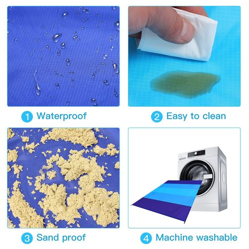 LinaLife Gradient Blue Sandproof Beach Blanket Oversized Sand Free Beach Mat Lightweight Outdoor Picnic Blanket Anchored with 4 corner sand pockets & Plastic Stakes Proof Quick Drying Compact