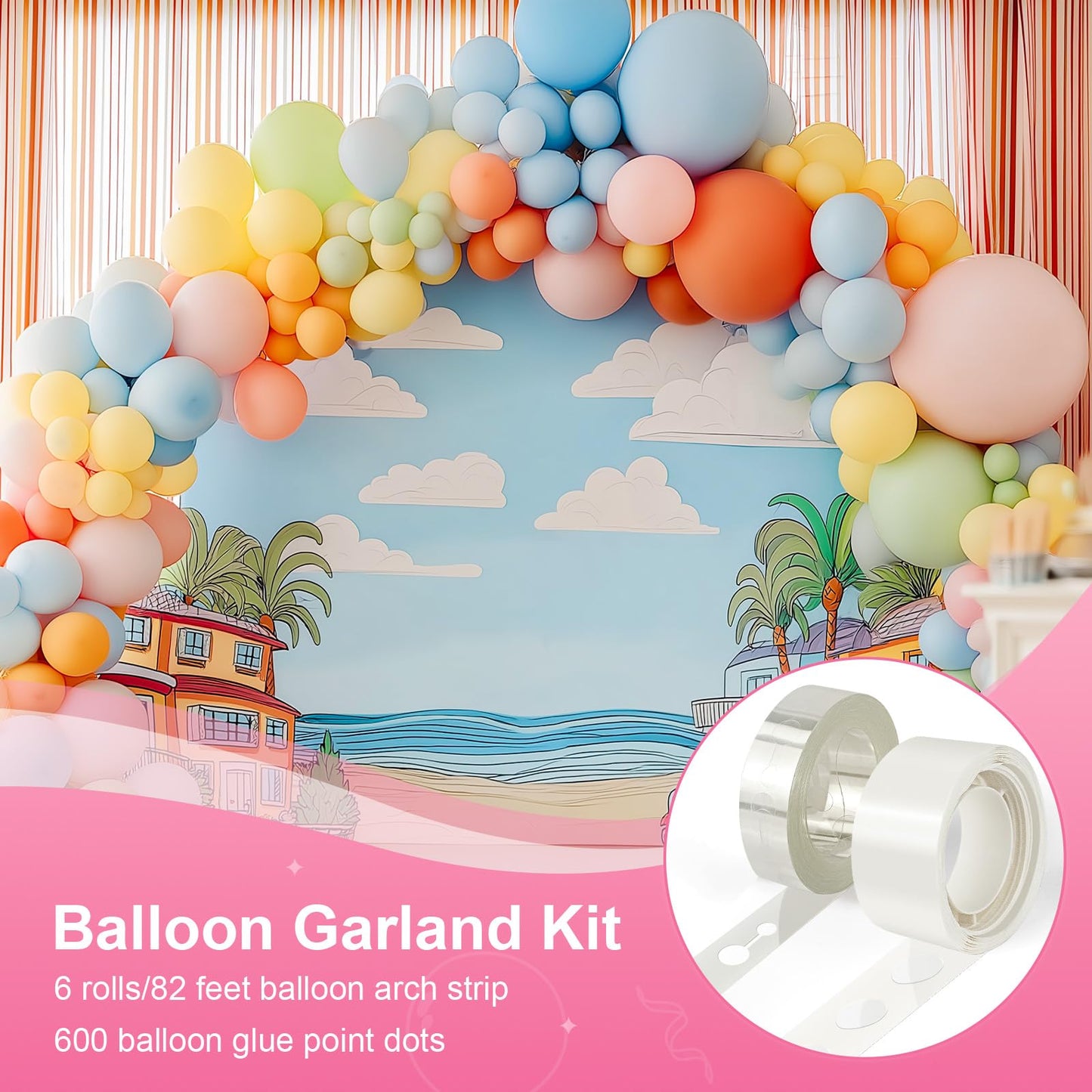 Bezente Balloon Arch Kit, 98.4ft Balloon Decorating Garland Tape Strips and 600pcs Glue Point Dot Stickers for Wedding Birthday Baby Shower Party Decorations