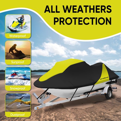 NEVERLAND Waterproof Jet Ski Cover - Compatible with Yamaha Seadoo Kawasaki, Jetski Covers 2 3 Seater UV Resistant 420D Heavy Duty Jetski Cover with 2 Air Vents Personal Watercraft Cover 120" to 135"