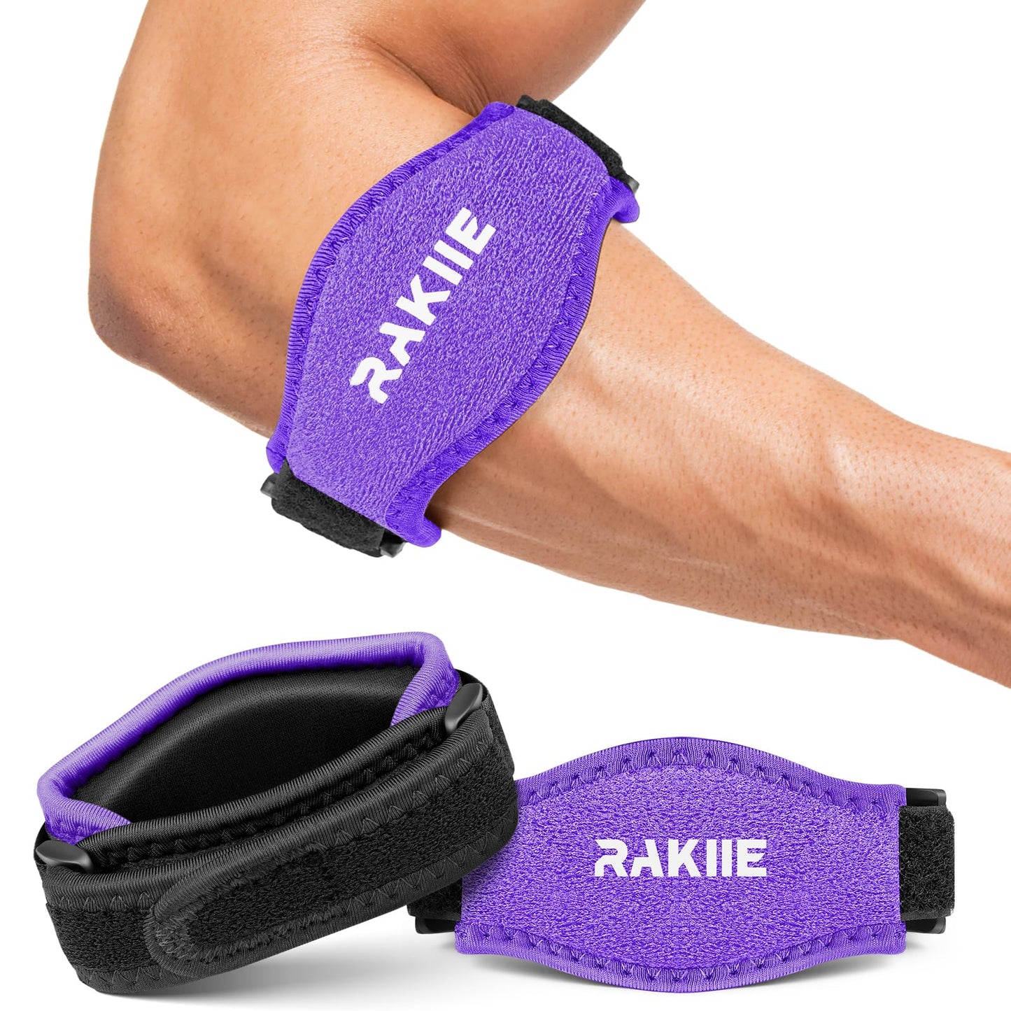 Rakiie 2 Pack Tennis Elbow Brace for Men Women, Adjustable Non-slip Golfer Elbow Strap with Support Compression Pad, Counterforce Brace for Sports, Fit 7.08-14.17", Purple