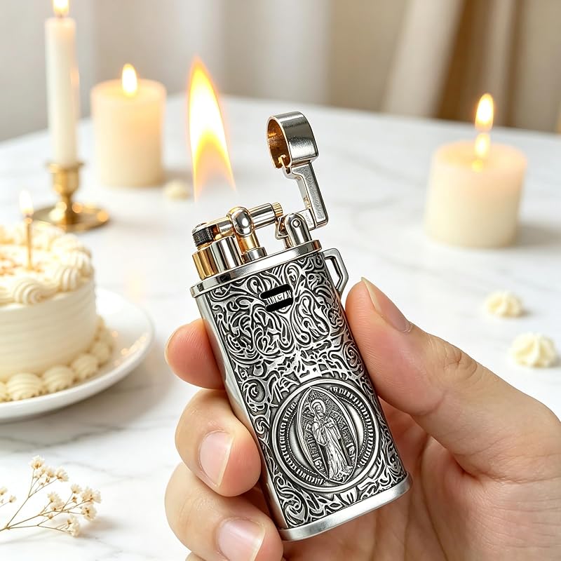 Vintage Butane Lighter with Saint Benedict Medal Motif, Refillable Pocket Trench Lighter