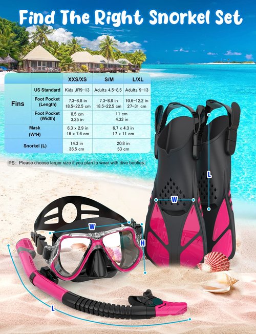 Zenoplige Mask Fins Snorkel Set, Snorkeling Gear for Adults, Panoramic View Snorkel Mask Anti-Fog, Adjustable Dive Flippers, Dry Top Snorkel and Travel Bag, Scuba Gear for Swimming Snorkeling Diving