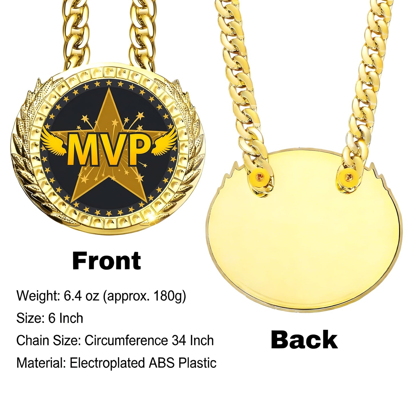 Opxuliix MVP Award Medals Turnover Chain - 6 Inch Big Gold Sports Achievement Champion Necklace for Most Valuable Player, Championship Medal for Football Soccer Basketball, Prize Gift Party Favors