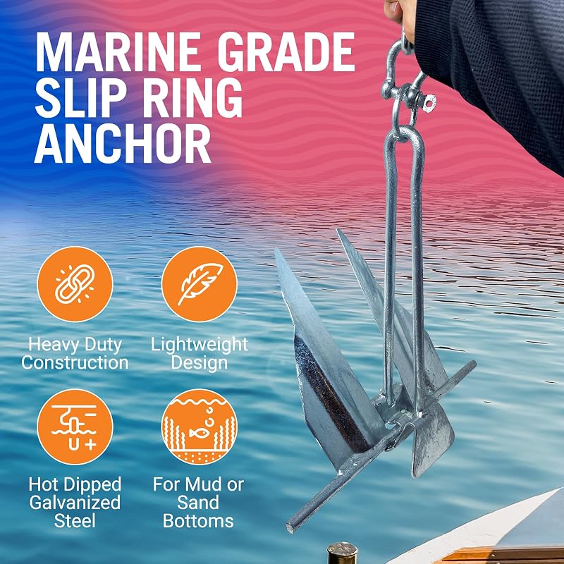 Boat Anchor with Slip Ring - Lightweight Fluke Anchor for Pontoon, Jon, or Small Boats (20-24 ft, 14 5/8" Stock Width) - Better Boat