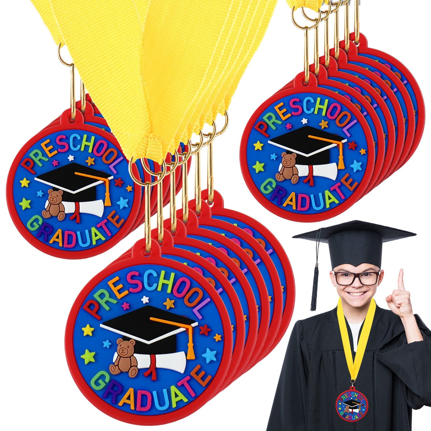 Sratte 24 Pcs Kindergarten Prek Preschool Graduation Medals for Kids, Bulk Kinder Pre-k Graduation Gifts with Yellow Ribbon, End of Year Student Gifts Party Favors Supplies, 2 Inch (Graduate Cap)