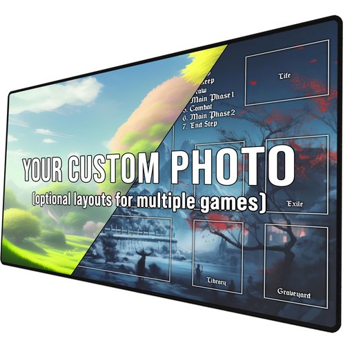 Ships Next Day, Made in USA - Customizable Collectible Card Game Mat for Competiton or Casual Play - Tournament Legal Playmat with Personalized Design Option, Choose Your Own Layout, 24x14