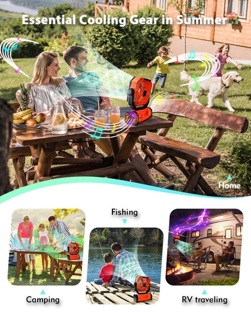 Super RGB 20000mAh Portable Camping Fan W/Bluetooth Speaker, Rechargeable Battery Operated Oscillating Camp Tent Fan W/Remote control, 4 Speeds, LED lights & 360° Rotation Hook for Outdoor RV Travel