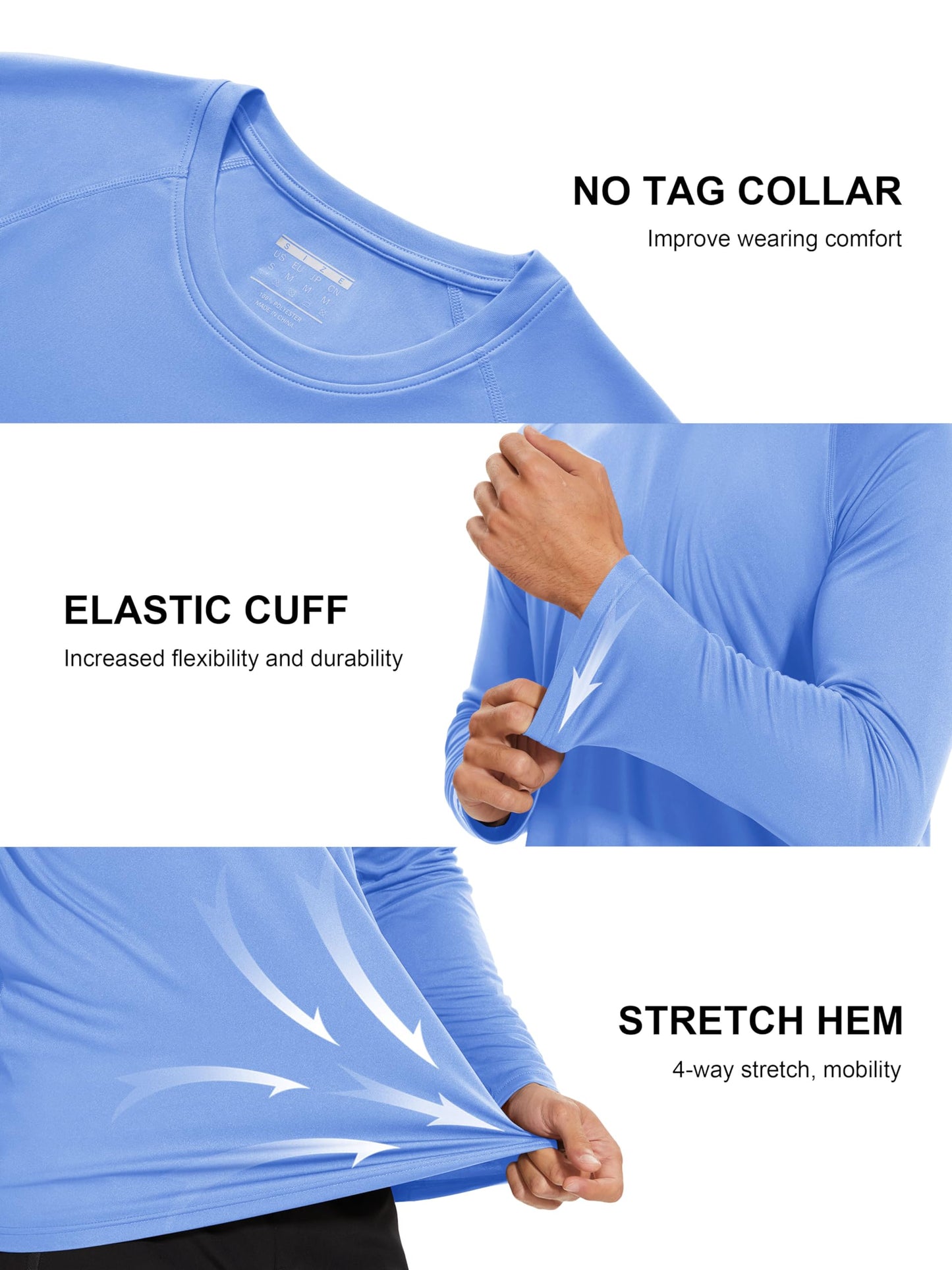 Sun Protection Shirts for Men Hiking T-Shirt Long Sleeve Quick Dry Shirts for Men UV Protection Shirts UPF 50 T-Shirt UV Shirts Light Blue