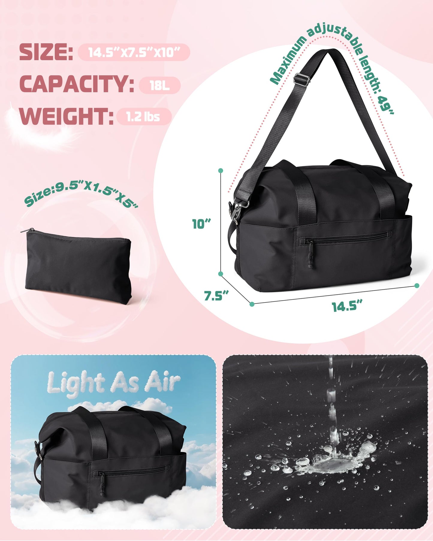 Smasrob Small Gym Bag with Yoga Mat Holder, Wet Pocket and a Separate Pouch, Small Gym Duffle Bag for Women with Detachable Crossbody Shoulder Strap, Black