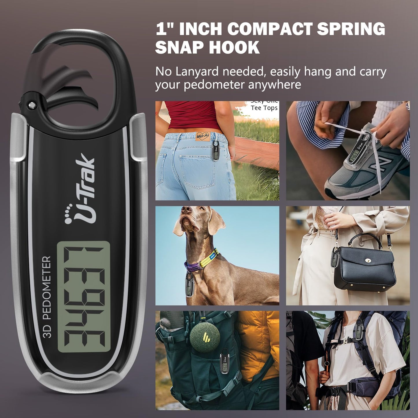 3D Pedometer for Walking with Removable Clip and Carabiner Simple Step Counter for Walking Accurate Clip On Step Tracker for Men Women Kids (Black)