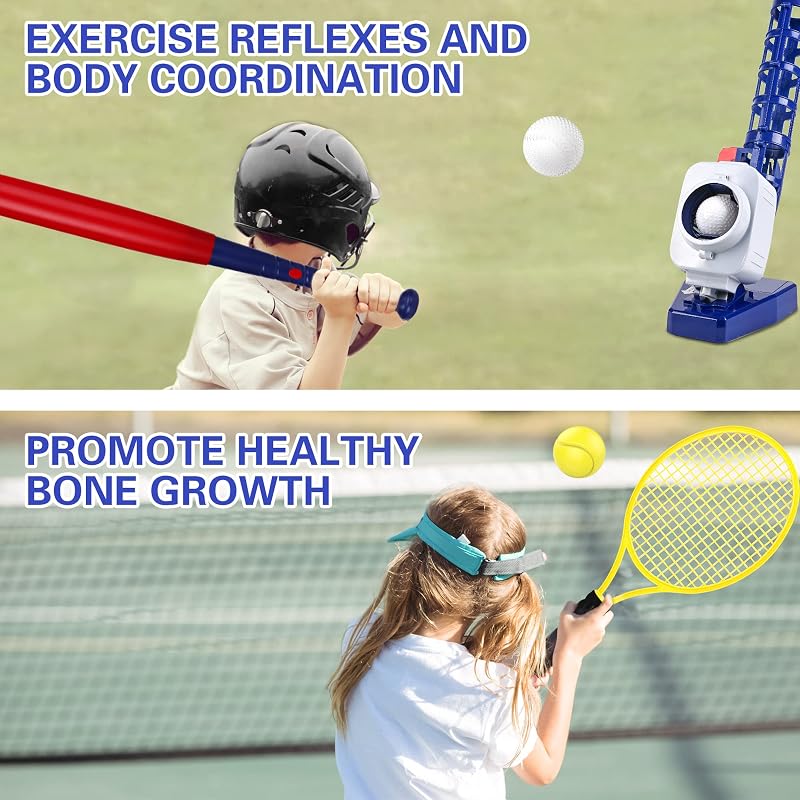 2-in-1 RC Pitching Machine for Baseball & Tennis (Navy Blue) – Includes Bat, Tennis Racket & 6 Balls