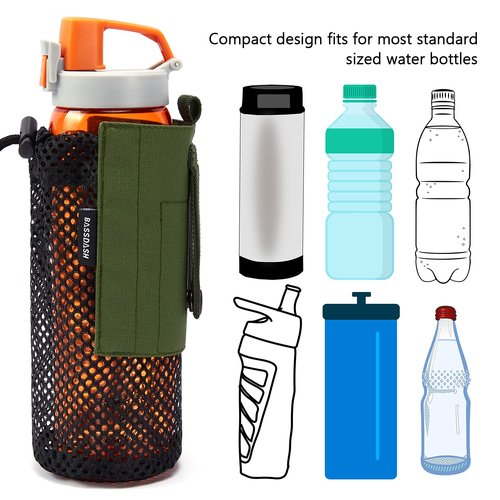 BASSDASH Tactical Molle Water Bottle Pouch with Carabiner Foldable Mesh Holder Bag for Travel Fishing Hunting Hiking Outdoor Activities