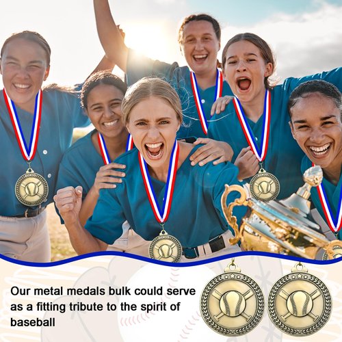 Remuuly 60 Pcs Gold Award Medals 2 Inch Soccer Baseball Volleyball Football Cheer Trophy Medals Metal Awards Bulk with Neck Ribbons Trophy Prize Gifts for Sports Competitions (Baseball)
