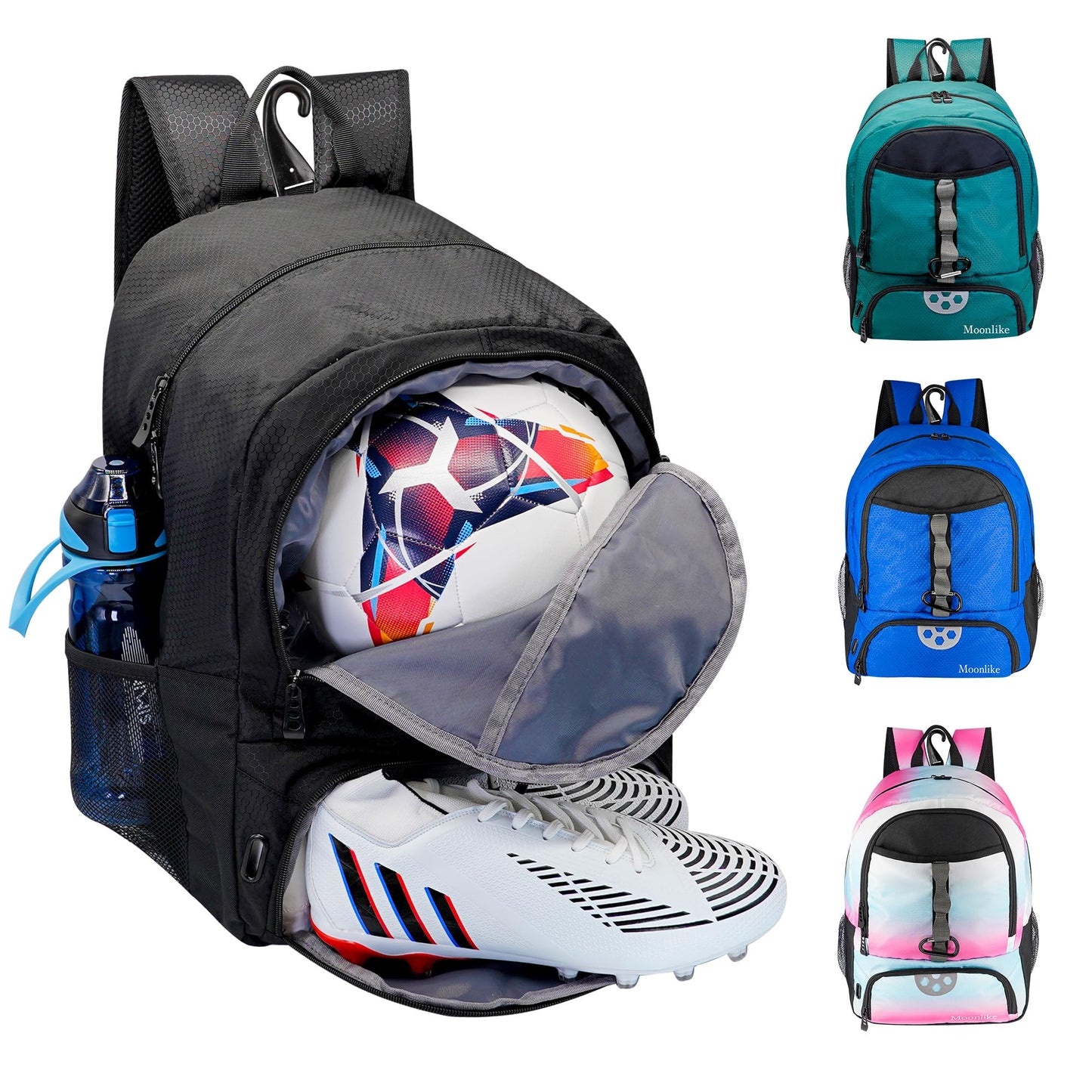 Moonlike Youth Soccer Bag, Soccer Backpack for Football Volleyball Basketball, Backpack with Ball Compartment and Ball Holder (Black)