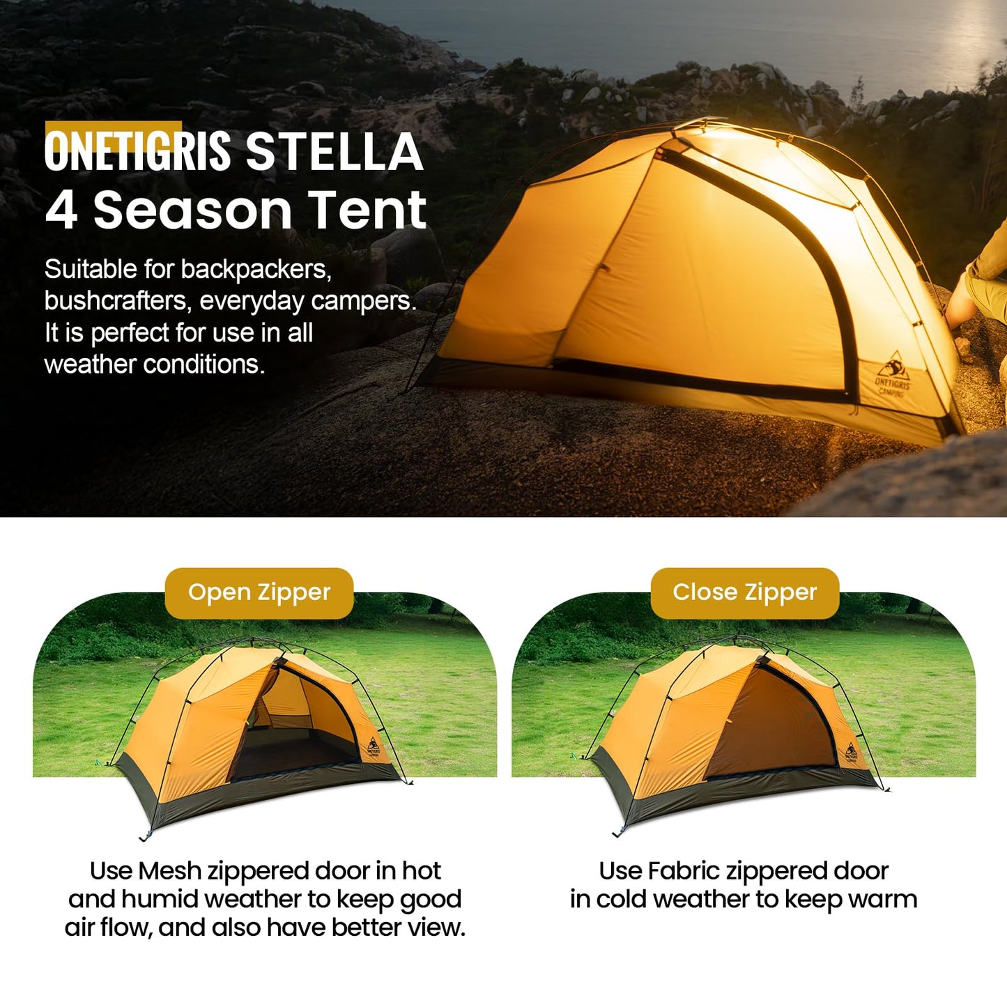 OneTigris Stella 4 Season Camping Tent Backpacking 2 Person Waterproof Lightweight Easy Setup Instant 3000mm Waterproof Rating Outdoor Hiking Tent