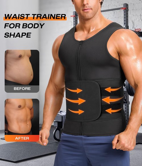 Junlan Sauna Suit for Men 2 in 1 Waist Trainer Sauna Shirt for Men Sweat Band for Stomach(Blue,Large)