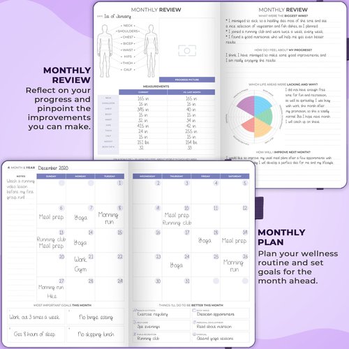 Clever Fox Fitness & Food Journal – Nutrition & Workout Planner for Women & Men – Diet & Gym Exercise Log Book with Calendars, Diet & Training Trackers - Undated, A5 Size, Hardcover (Purple)