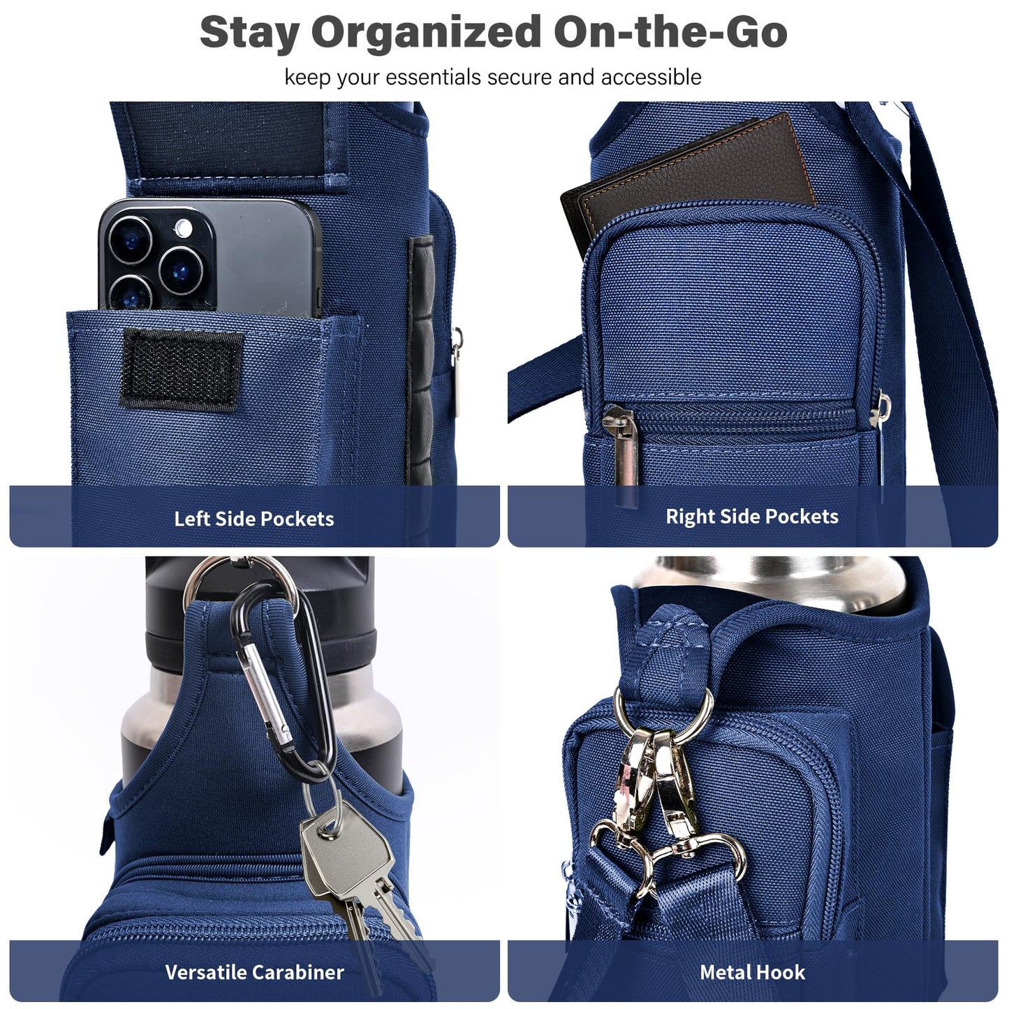 icolor Magnetic Gym Bag Water Bottle Carrier Holder with Phone Pockets & Strap,Nylon Gym Magnetic Bag 5 Built-in Magnets Gym Accessories Organizer Bottle Pouch Sleeve for Men Women (Navy Blue)