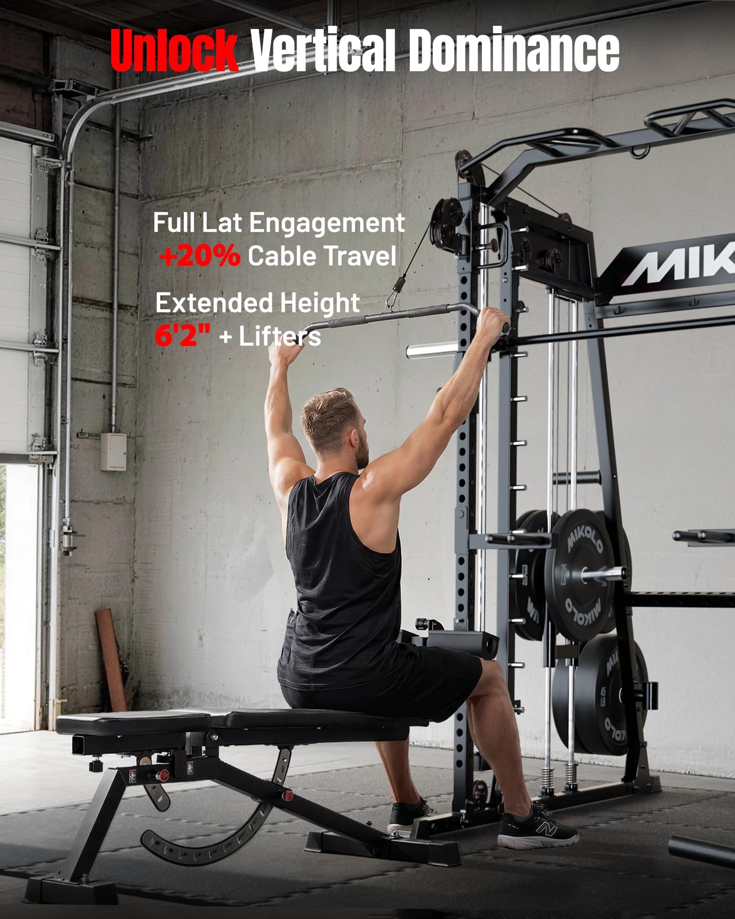 Mikolo Smith Machine, 2200lbs Squat Rack with LAT-Pull Down System & Cable Crossover Machine, Multi-Function Power Cage