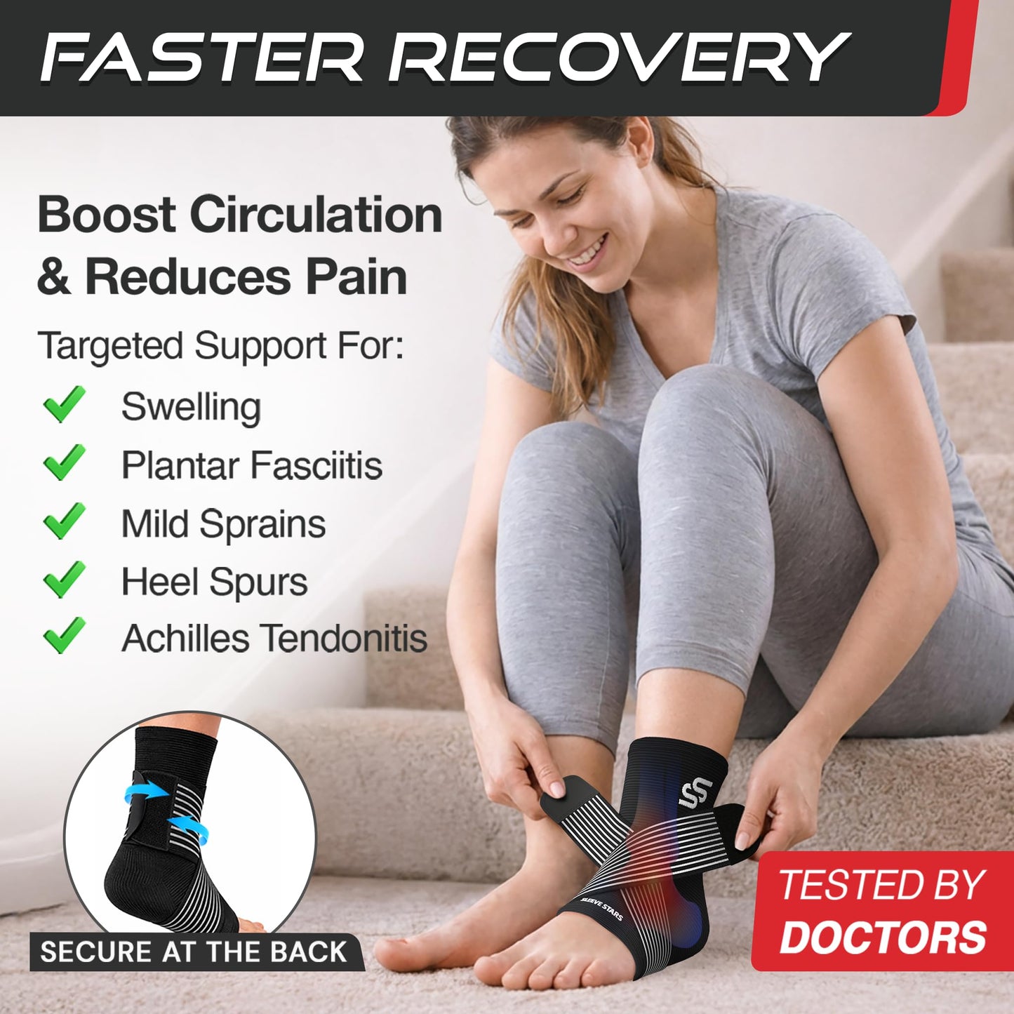 Sleeve Stars Ankle Brace for Women & Men, Ankle Wrap for Sprained Ankle, Compression Sleeve for Plantar Fasciitis Relief, Easy Customizable Support: w/Removable Strap (Pair/L:12"-13"/Black)