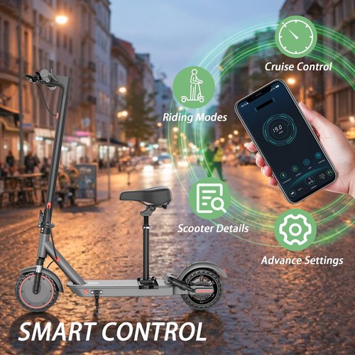 Electric Scooter for Adults Commute,Foldable with Detachable Seat&Phone Holder 21 Miles Range Top Speed 19MPH 8.5''Tires 350W Motor Dual Brake and Suspension Max Load 264LBS App Control for Teens