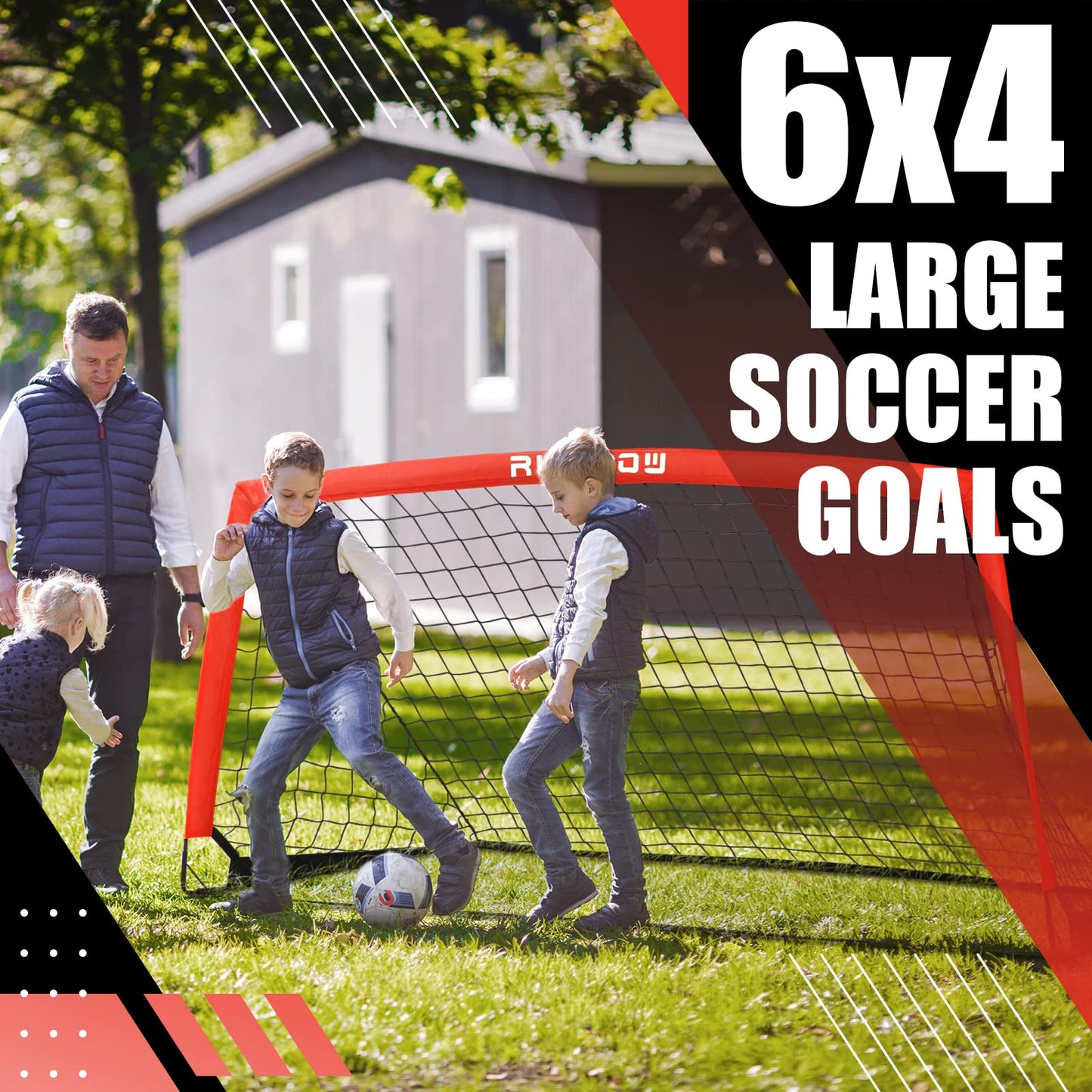 RUNBOW 6x4 ft Portable Kids Soccer Goal for Backyard Practice Soccer Net with Carry Bag (6x4 FT, 1 Pack, Red)