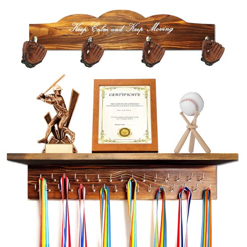 BILYSKEP 20'' Medal Hanger Display Trophy Shelf with Hooks Wooden Medal Holder for Wall Mount Ribbon Trophy Shelf Gift for Gymnastics Running Race Soccer Awards/Trophy