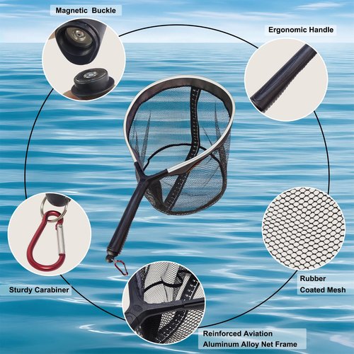 Aventik Fly Fishing Net Landing Trout Net with Ruler Tackle Bag Lightweight Rubber-Coated Mesh Nets with Non-Slip Handle Fly Fishing Gear 18 x 13 inch Hoop 7.5 inch Handle (Gunsmoke)