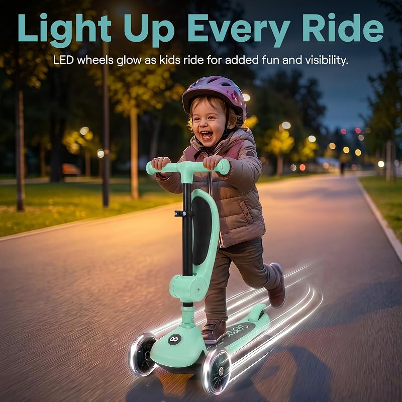 SereneLife 3-Wheel Kids Scooter with Seat, LED Wheels – Mint Green